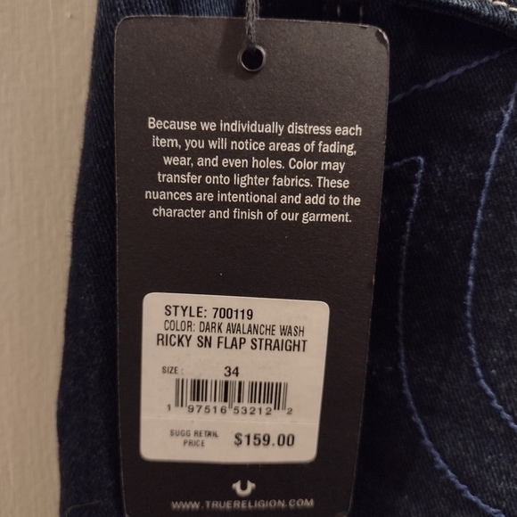 True Religion Ricky SN Relaxed Straight Blue Jeans Men's 36x34 Flap pockets NWT - Picture 4 of 10